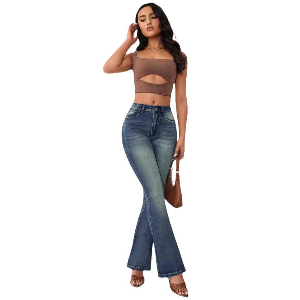 2025 Europäische Amerikanische Retro High Waist Slim Fit Schlagjeans für Damen