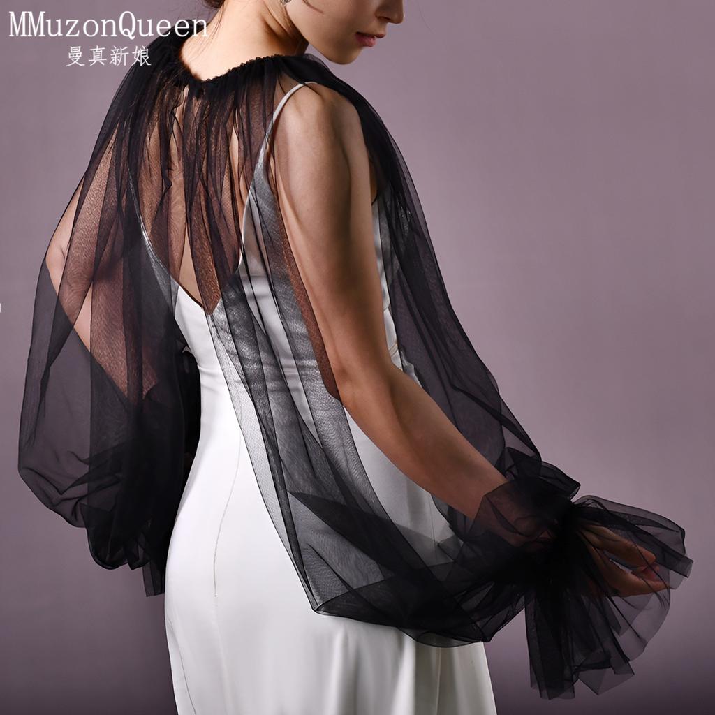 Two Colors Sheer Tulle Long Sleeve Cape Shrug, Elastic Ruffle Cuff Mesh Cover Up for Strapless Satin Wedding Dress Bridal Evening Party Photoshoot