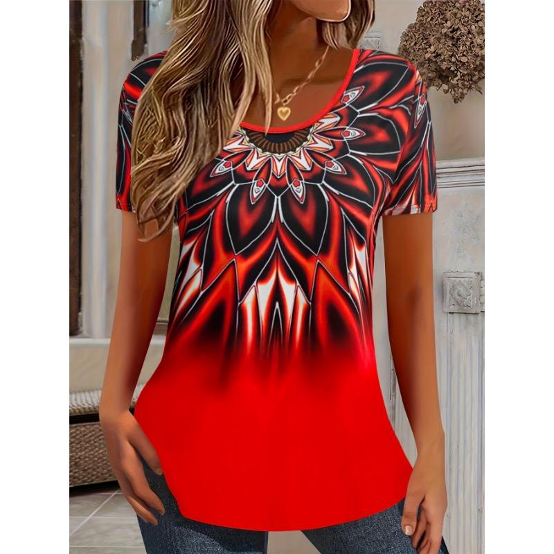 Summer women's fashion gradient printed short sleeved T-shirt round neck loose casual T-shirt top women's clothing