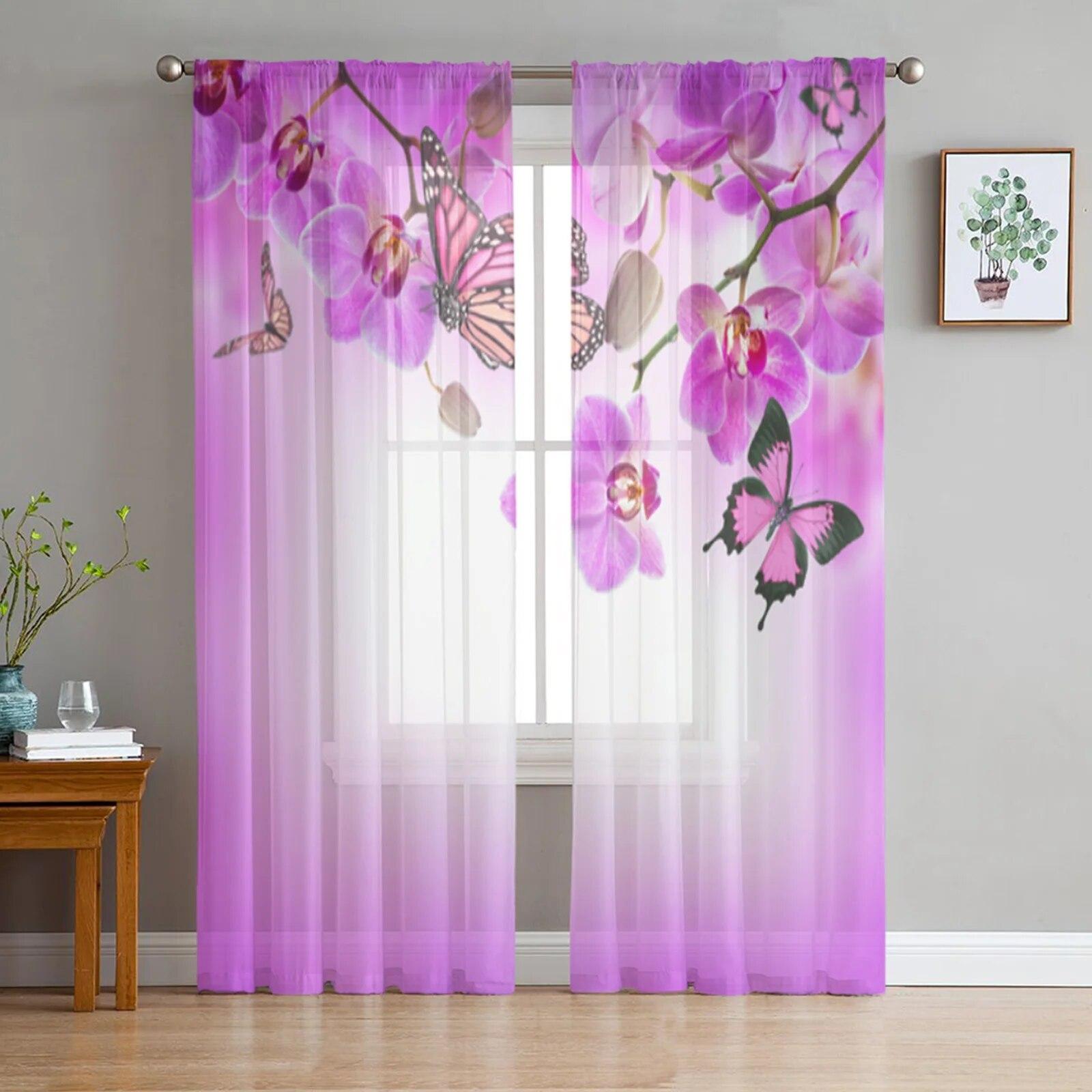

Фиолетовый цветок орхидеи, прозрачные тюлевые шторы для гостиной, спальни, современная шифоновая вуаль, тканевые шторы 135W x 114H(cm)