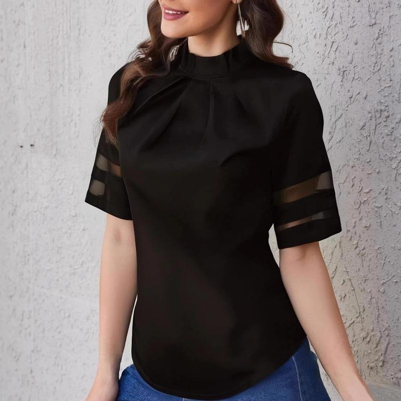 Women Loose Solid Color Casual High Neck Seven Quarter Sleeve Blouse