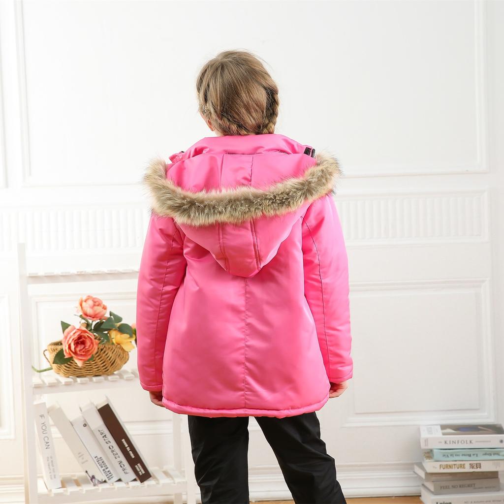 Middle and Big Children's Cotton Jacket Solid Color Thickened Warm Rushing Jacket Boys and Girls Hair Collar Removable Hooded Jacket