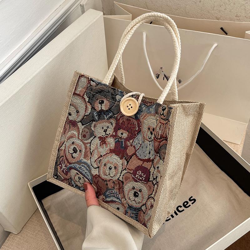 

Lines Handbag Burlap Bag Student Carrying Lunch Box Bag Cute Cartoon Canvas Shoulder Bag