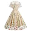 Women's Crew Neck Short Sleeve Midi Dress A Line Mid Waist Mesh Floral Embroidery Swing Dress Vintage Evening Party Dress