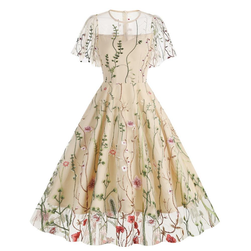 Women's Crew Neck Short Sleeve Midi Dress A Line Mid Waist Mesh Floral Embroidery Swing Dress Vintage Evening Party Dress
