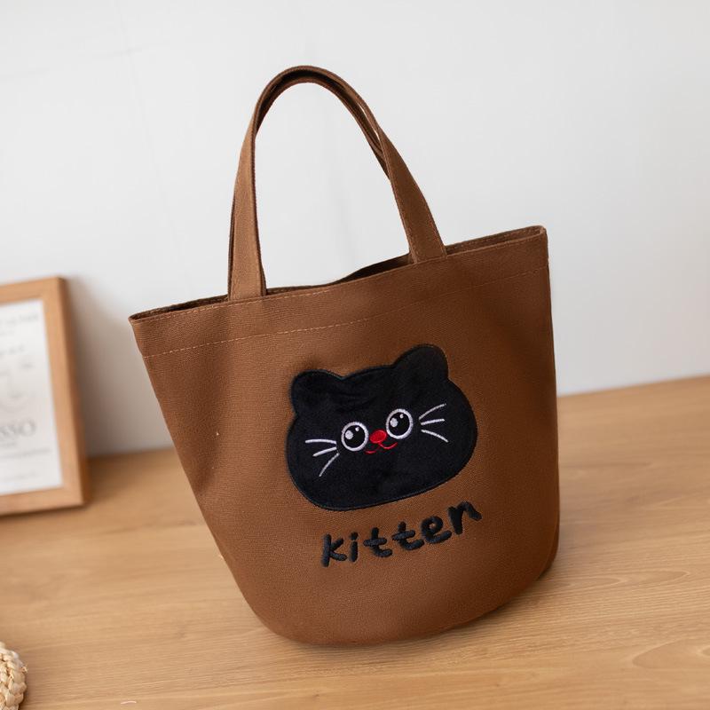 Women's Versatile Embroidered Canvas Tote Bag - Kitten Design, Handheld, Portable, Perfect for Moms or Lunch Storage