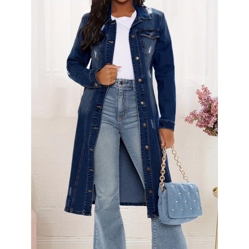 2025 European & American Women's Retro Lapel Button-Slim Denim Long Coat