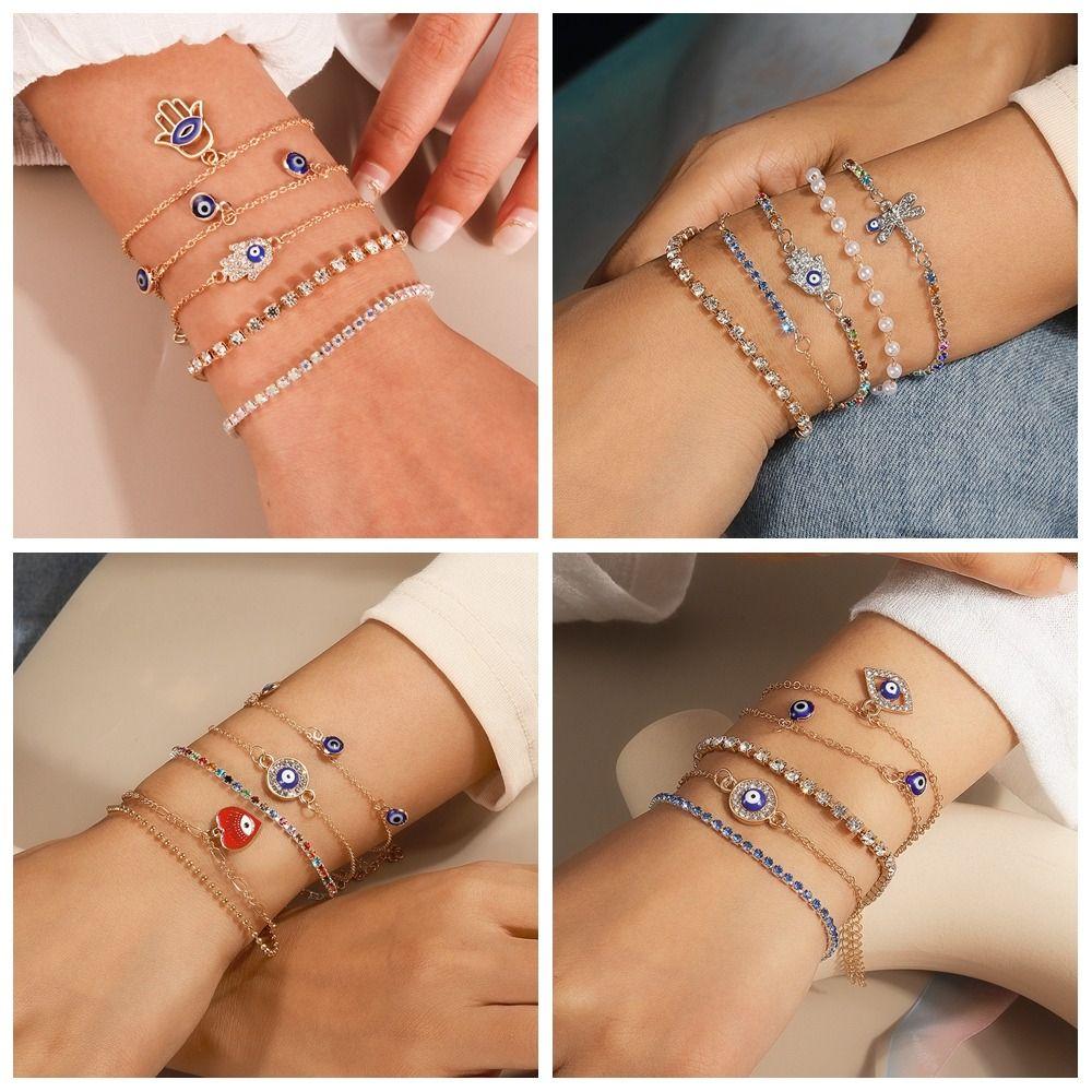 Vintage Demon's Eye Bracelet Silver Resin Bead Handchain Crystal Bracelet Set  Decoration