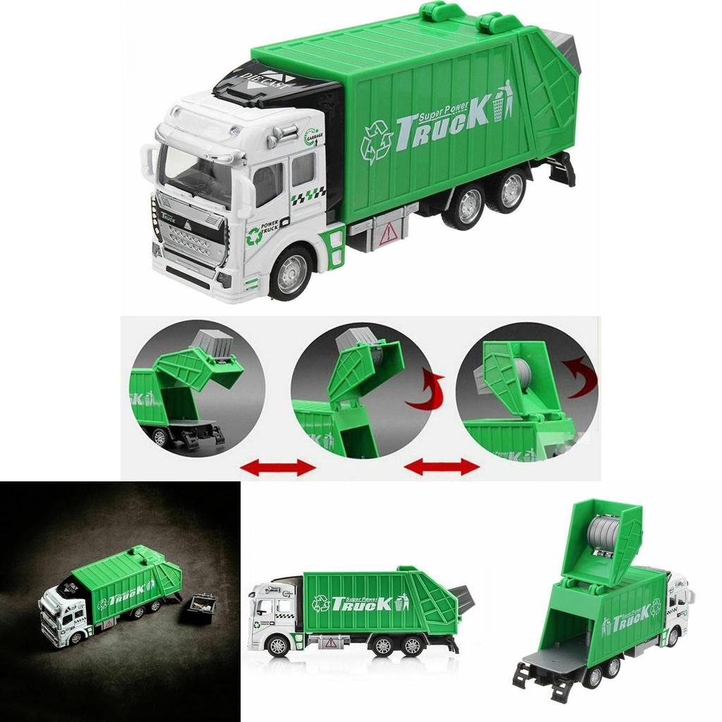 Colorful Diecast Garbage Truck Toy With Trash Bin For Kids Boys Xmas Gift