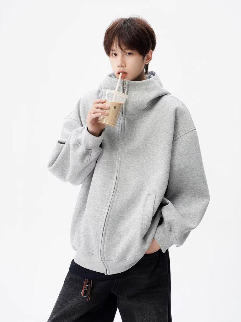 Trendy American High Street Double Zipper Basic Heavyweight Loose Cardigan Hoodie