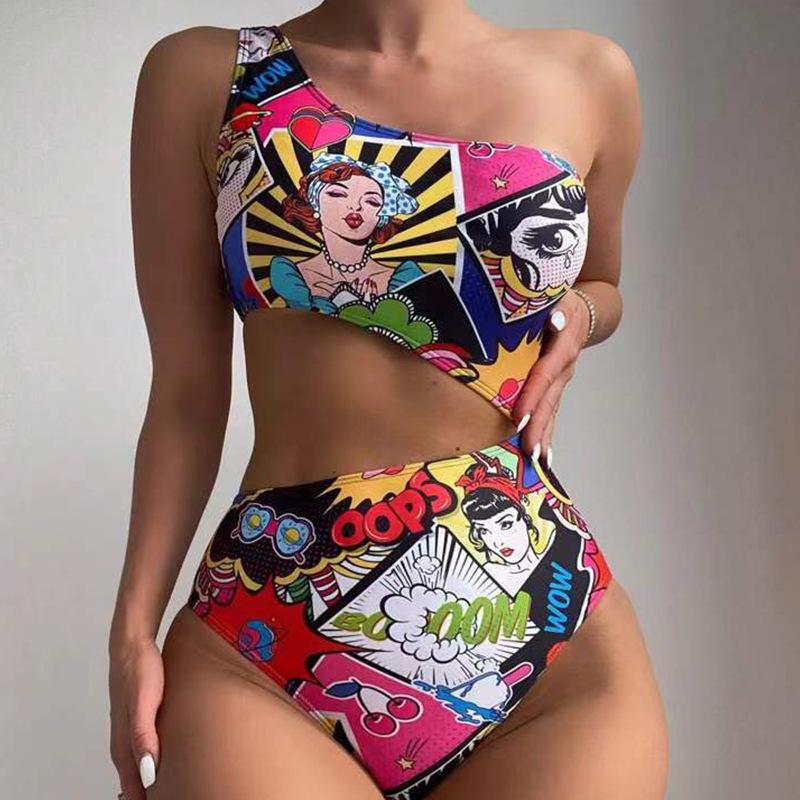 One-shoulder Printed Hollow One-piece Women's Swimsuit High Elastic and Durable One-piece Swimsuit