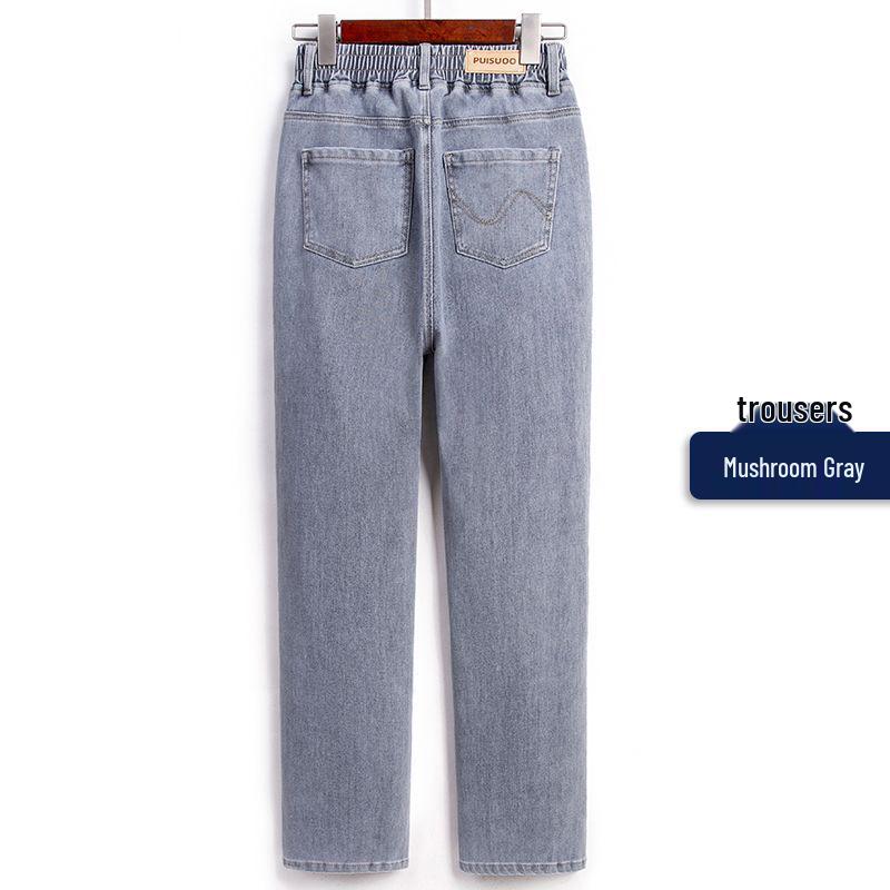 

2026 Plus Size Women s Gray High Waist Straight-Leg Jeans with Elastic L recommended for 51-60 kg