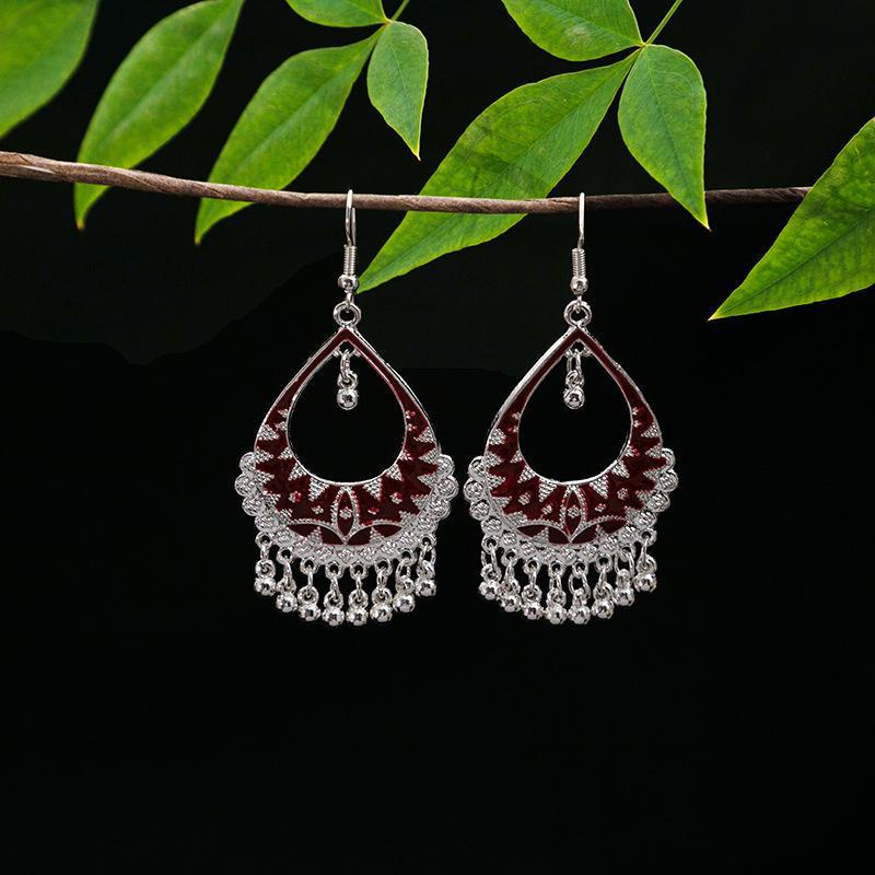 Vintage Ethnic Miao Silver Alloy Teardrop Tassel Earrings