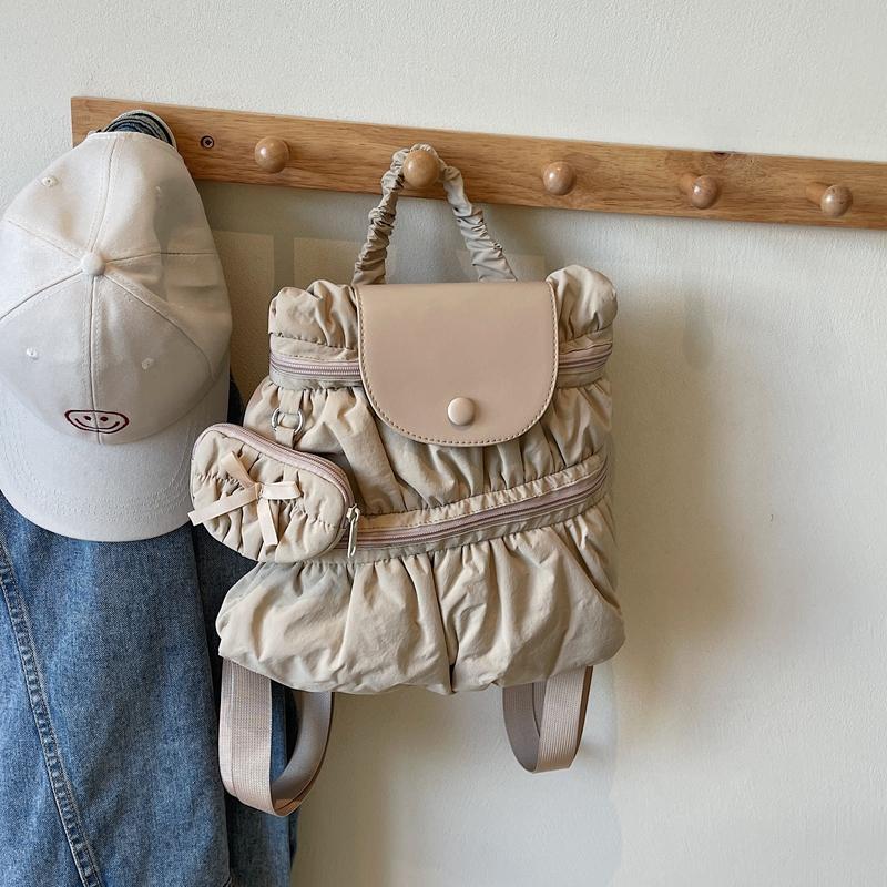 Solid Color Backpack Women's Pleated Handbag with Coin Purse