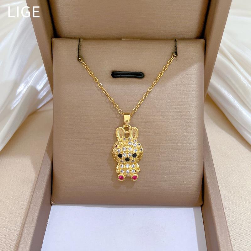 Red-Eye Long-Eared Rabbit Light Luxury Temperament Gorgeous Full Diamond Necklace Women'S Versatile Collarbone Chain Titanium Steel Chain