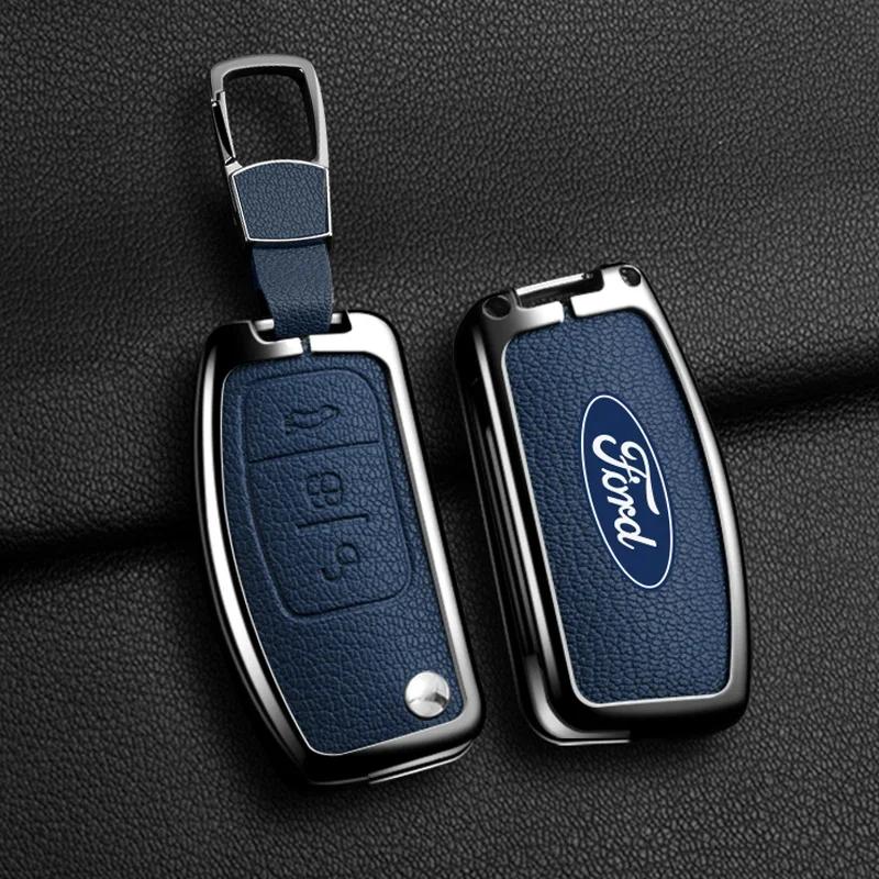 Car Sticker Hot For Ford Zinc Alloy Leather Car 3 Buttons Flip Key Case Cover Smart Remote Shell For Ford Fiesta Focus MK2 Monde