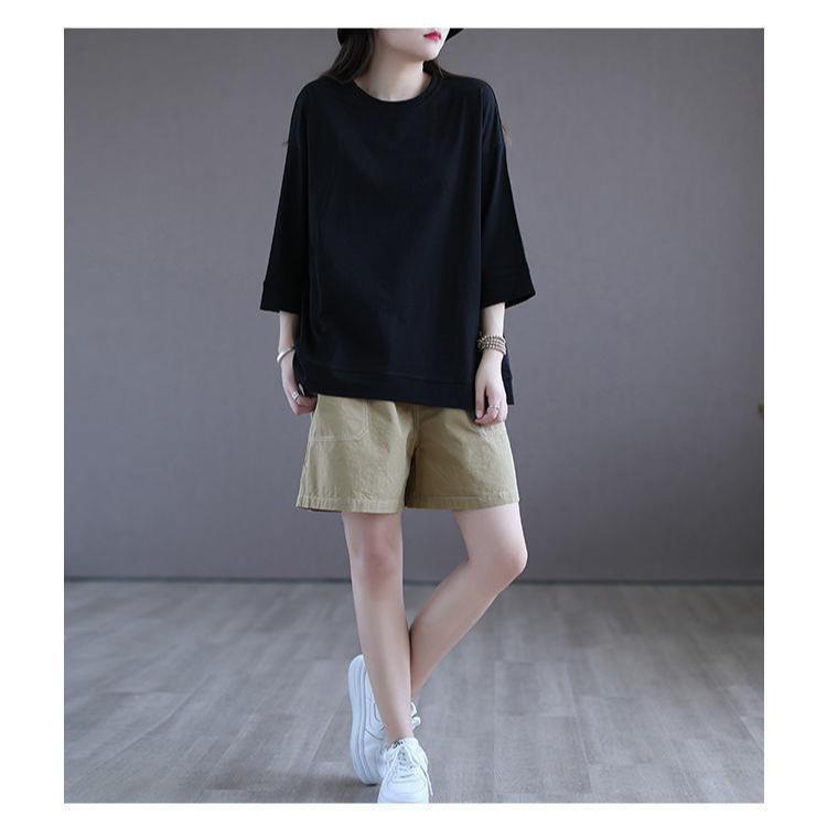 Cotton Seven Quarter Sleeved T-shirt for Women's Short Sleeved Summer 2025 New Loose Base Shirt with Solid Color Inside To Make You Look Slimmer