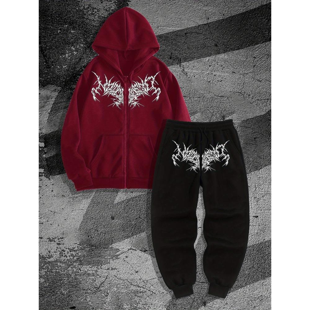 Trendy Men's Set, Gothic Dark Printed Men's Zipper Hoodie and Running Pants Two Piece Set