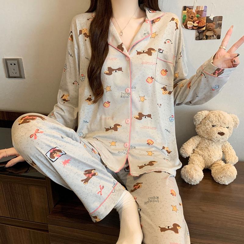 Japanese and Korean style cartoon cute pet pajamas women's autumn new imitation cotton thin loose loungewear long-sleeved two-piece set