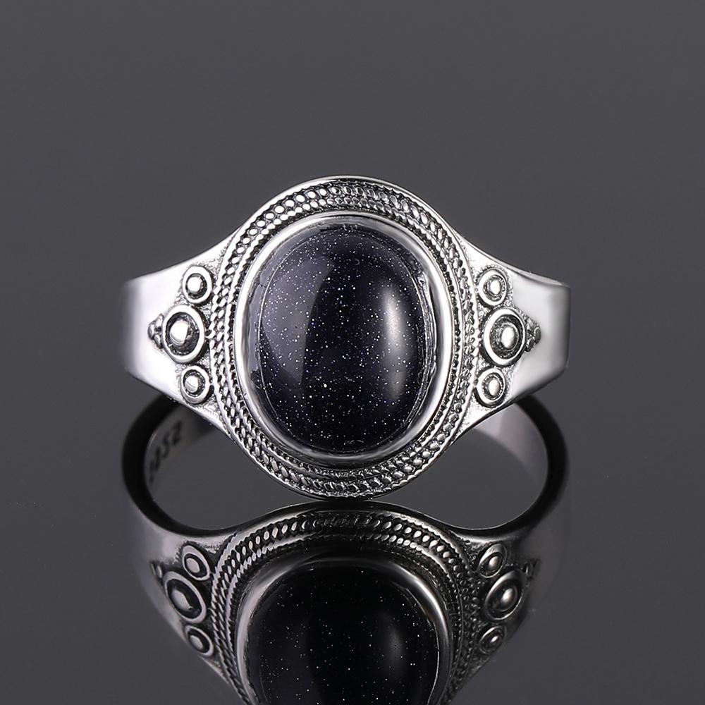 S925 Silver Ring for Women Oval Round Dropwater Natural Blue Sandstone Ring Gift Sun Shaped Retro Luxury Fine Jewelry