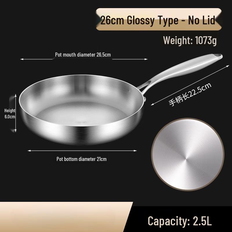 ZISIZ 26cm Stainless Steel Uncoated Frying Pan