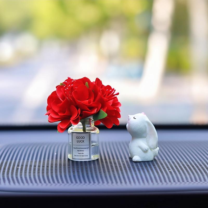 

Cute Rose Flower Vase and Rabbit Car Interior Decoration Ornaments Auto Center Console Decoration Gadgets For Car Accessories червоний