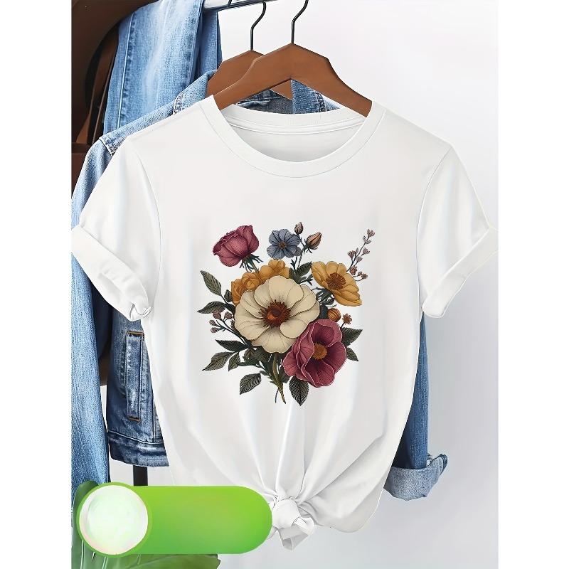 European Size Women's Short-Sleeve Blouse -Elegant Floral Print T-Shirt, Spring/Summer Casual Top,Short-Sleeve Blouse for Weddings, Parties,Daily Wear