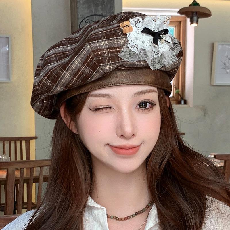 Autumn retro plaid beret bear bow octagonal hat showing face little painter hat woman