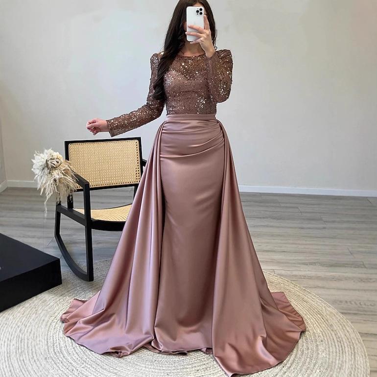 Europe Beautiful Woman Banquet Long Sleeve Temperament Socialites Annual Meeting Host Aura Queen Sequined Evening Dress