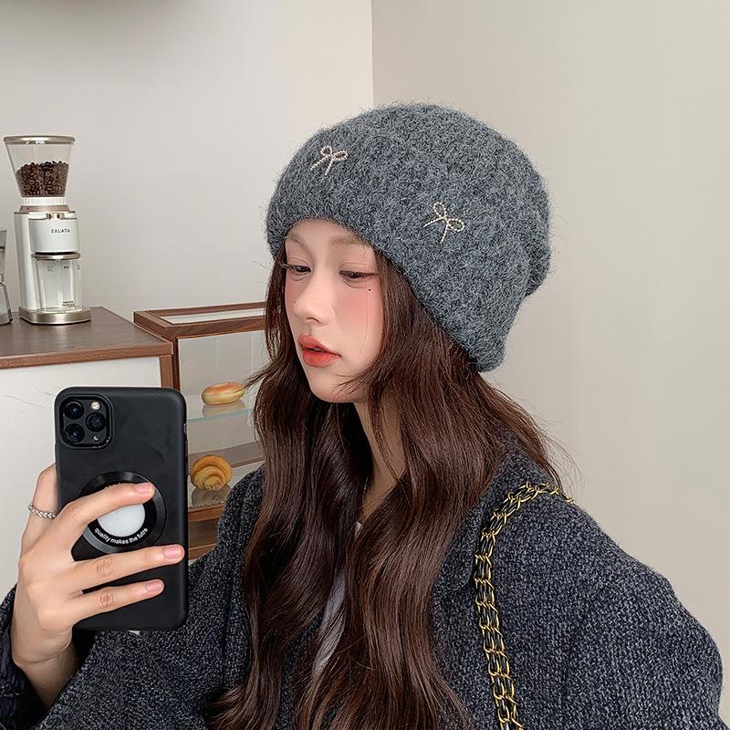 Korean Large Head Circumference Woolen Hat Winter Warm Hat Women's Bow Sweet Ear Protection Cold Pullover Knitted Hat