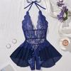 New Sexy Crotchless Pink Lingerie Women Set Lace Patchwork Hollow Bodysuit Erotic Pajamas Teddy Babydoll Dress Deep V Open Bra