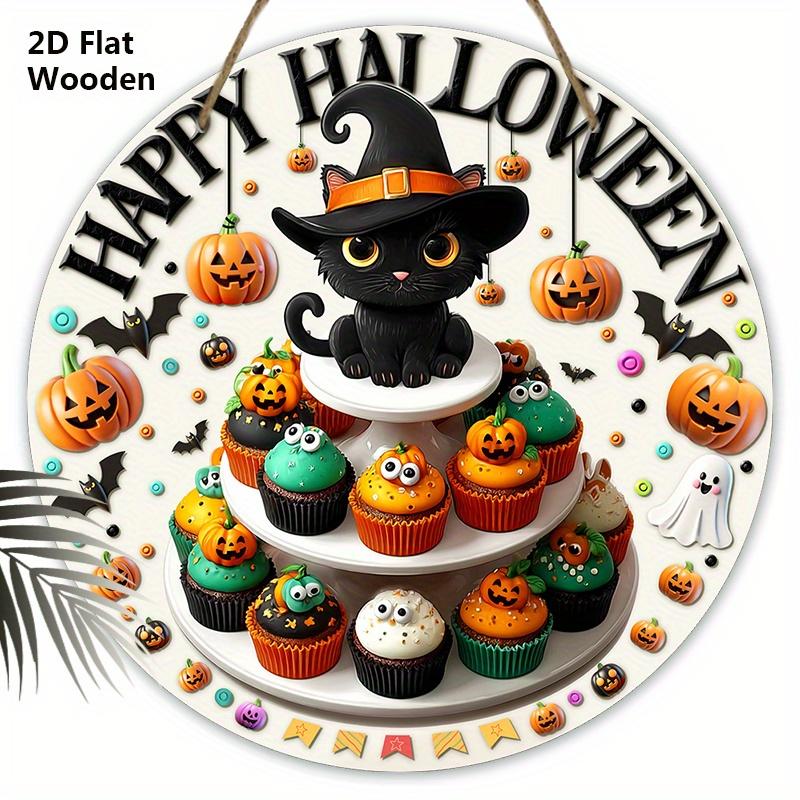

Счастливого Хэллоуина Деревянная табличка с узором тыквы и черного кота - Уникальные фигурки-украшения - Идеально для входной двери, двора, крыльца, декора комнаты 20cm/7.87in