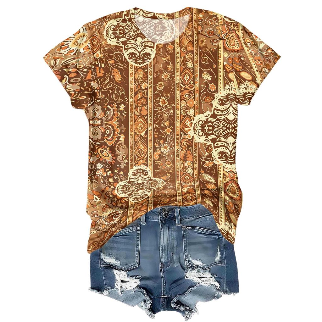 Women Casual Loose Fit Short Sleeve Top Floral Print Lightweight Comfortable Blouse Suitable for Daily Wear and Outdoor Activities