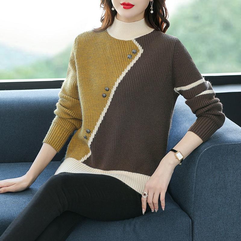 Pull Femme Autumn Winter Women's Sweater High Collar Female Knitted Tops Button Splice Warm Casual Pullovers Outwear