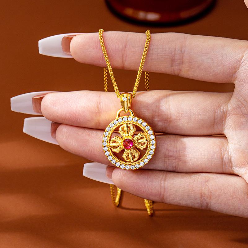 Diamond-Studded Vajra Cross Disc Pendant Women's Gold Necklace - Retro, Long-Lasting, Non-Fading Jewelry