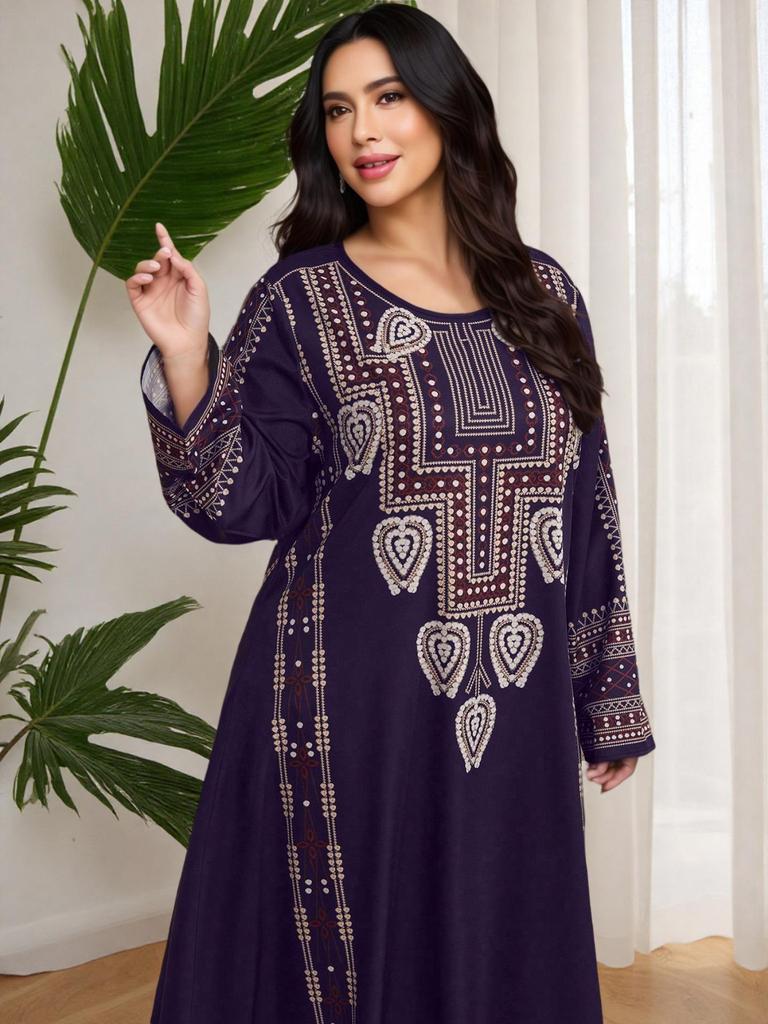 Middle Eastern Ethnic Style Navy Blue Plus Size Long Dress with Long Sleeves