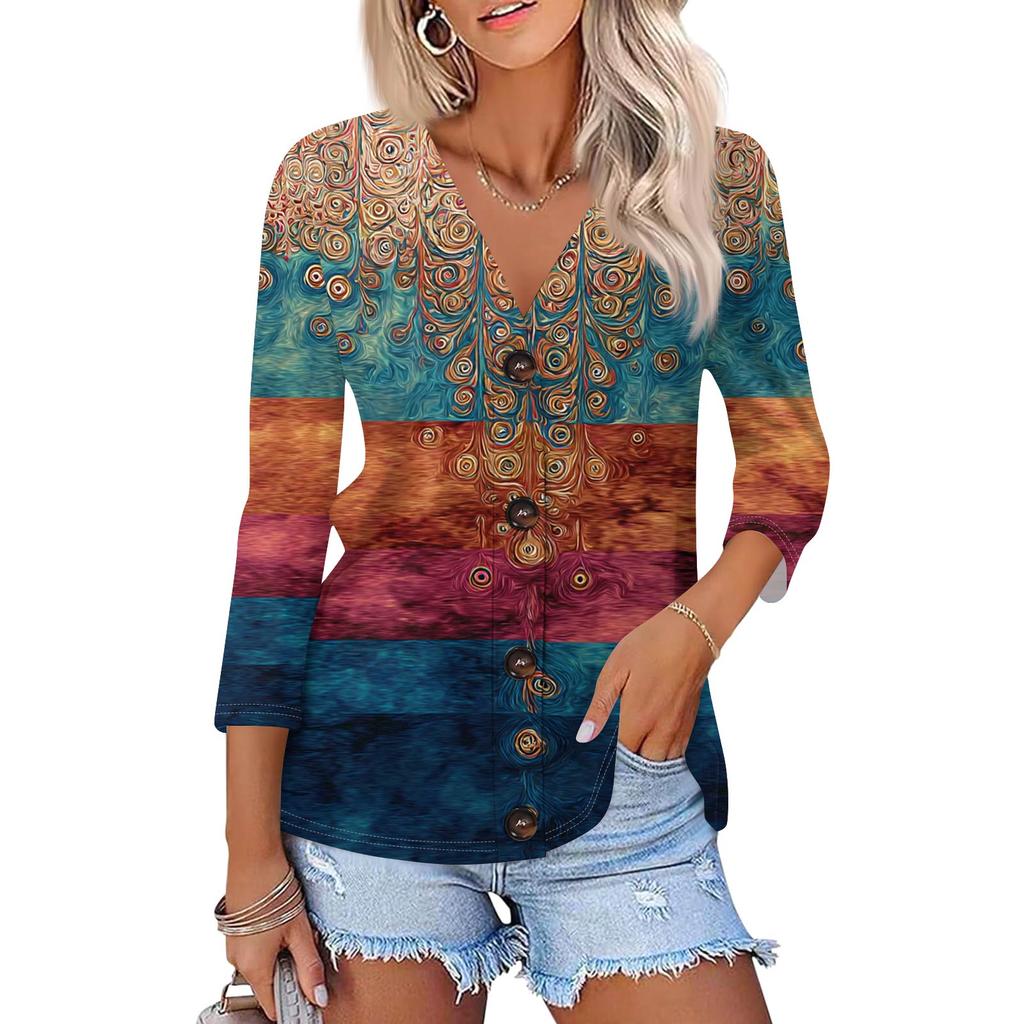 Women's Fashion Casual Printing Button-down Shirt 3/4 Long Sleeve Tops