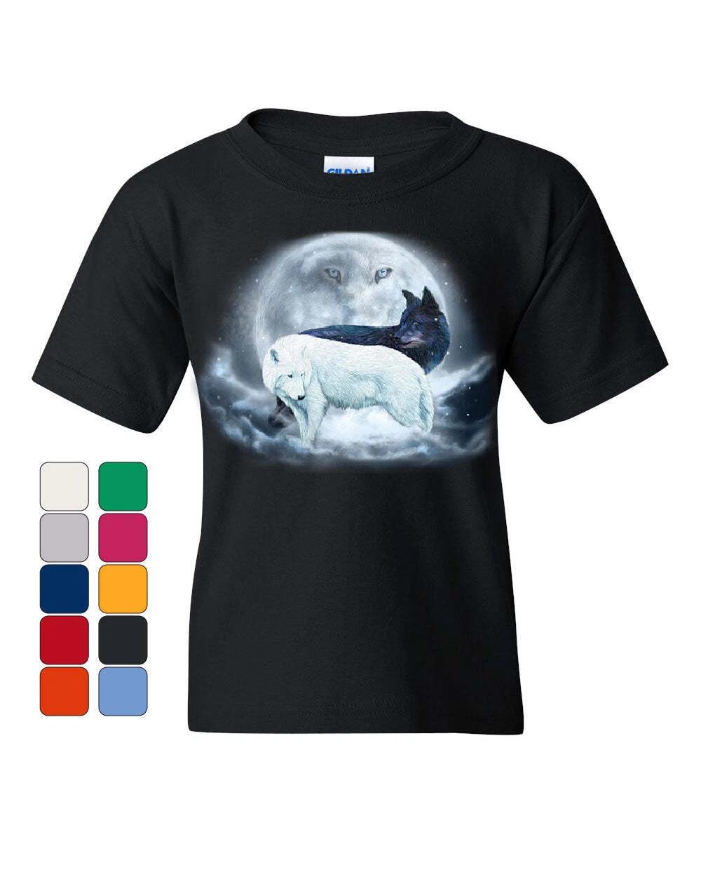 Yin & Yang Wolves Youth kids boys T-Shirt Animals Wildlife Nature Wolf Pack Moon Kids Tee 110