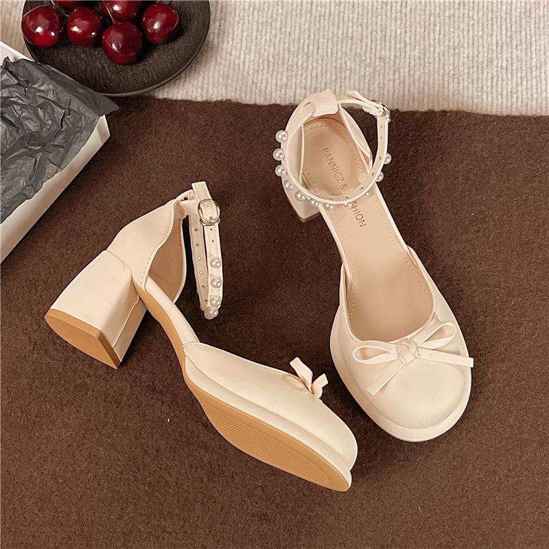 

Французские сандалии весна 2025 новый популярный новый китайский бант высокие каблуки темперамент кожаная обувь фея одинарная обувь женщина 39