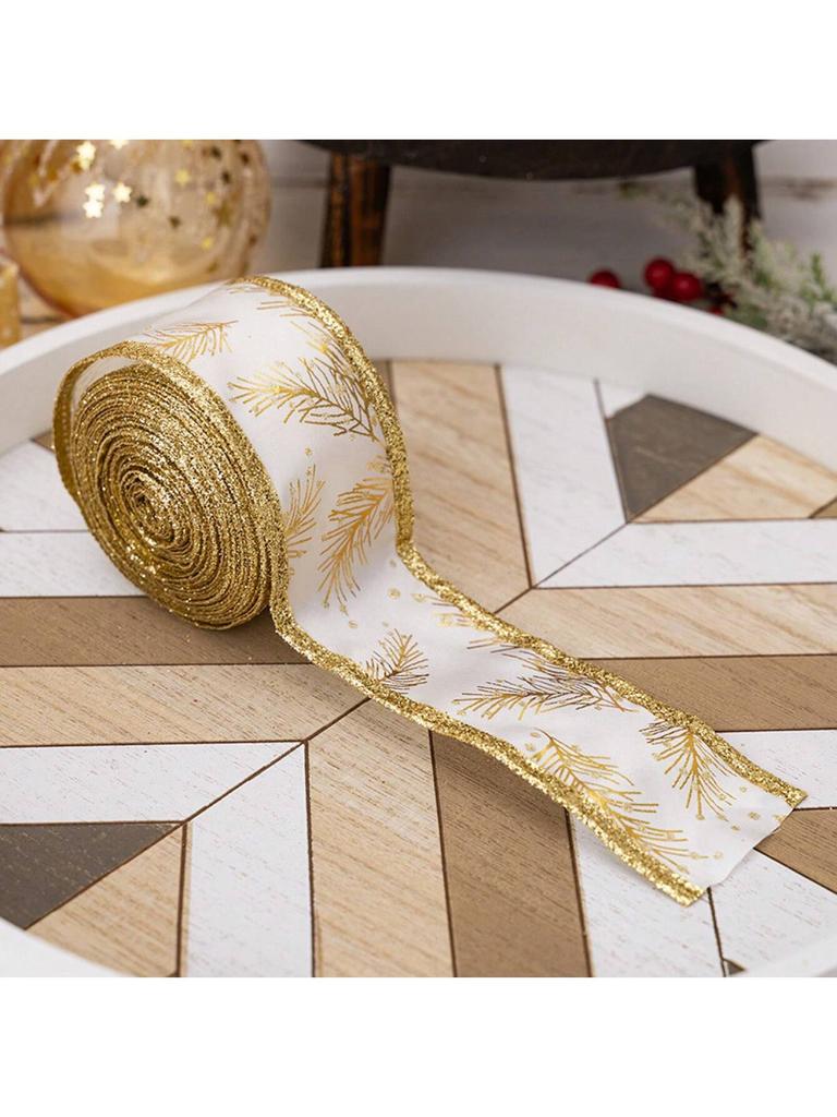 1Pc 5M Christmas Ribbon with Iron Wire Glitter Gold Leaf Printed Christmas Decoration DIY Craft Bow Gift Packing Party Decor