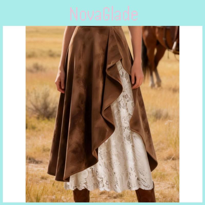 Vintage Western Leather Skirt With Lace Patchwork For Streetwear Fashion