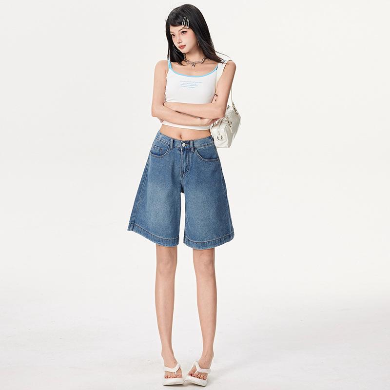 Retro Spicy Girl Elastic Waist Five-Point Denim Shorts – Women's Summer Mid-Length Wide-Leg Pants