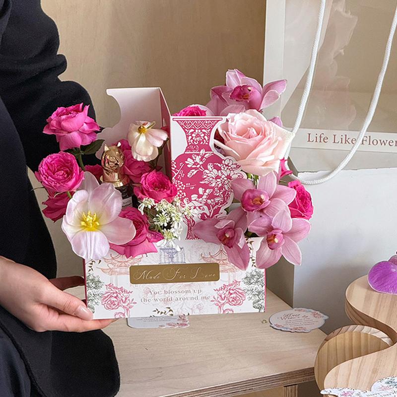 2pcs/Pack Packaging Flower Shop Flower Basket DIY Handheld Flower Box Foldable Paper Wedding Party Decorative Accessories