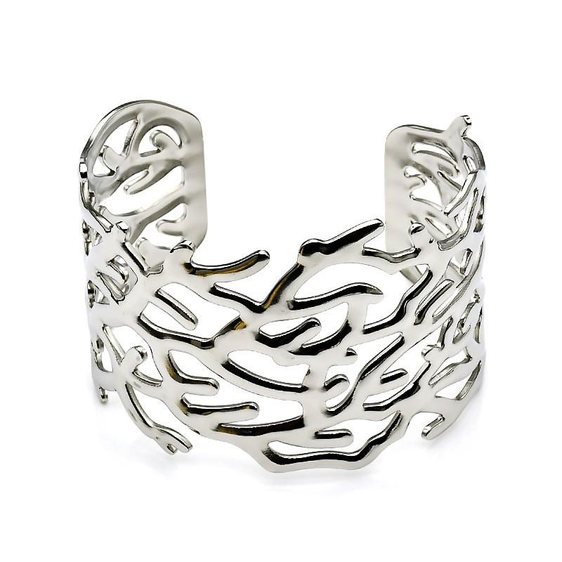 Stainless Steel C-Shape Open Bangle With Hollow Leaf Womens Bold Statement Bracelet