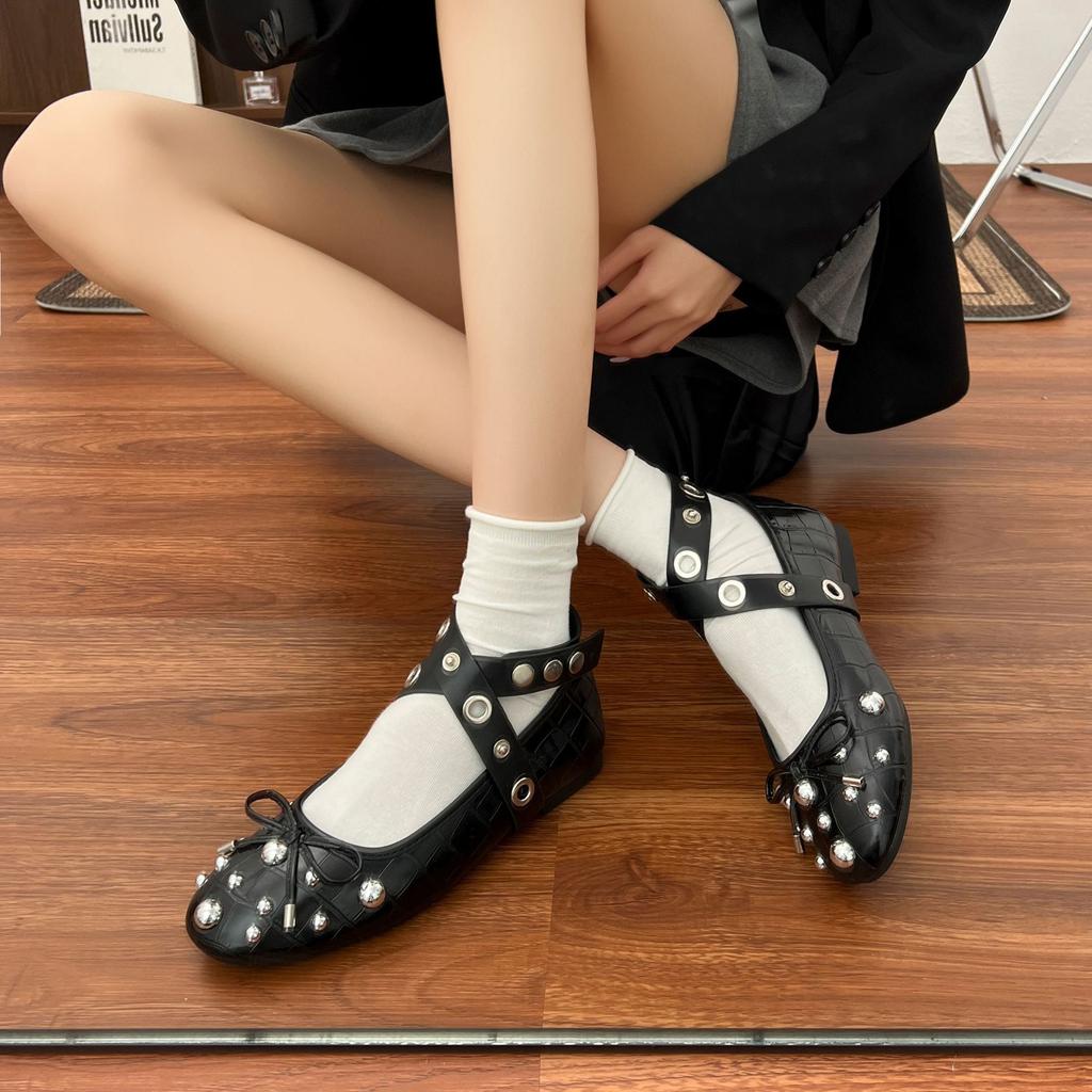 Grape Mother Summer New Ballet Style Flat Shoes Women's High Sense Cross Strap Fashion Rivet Casual Shoes Soft Sole
