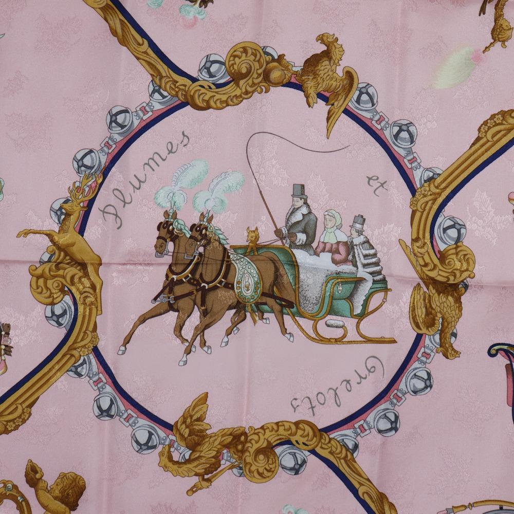 Hermes Carree90 Scarf Plumes Et Grelots Feather and Bell Pink Silk Women Used