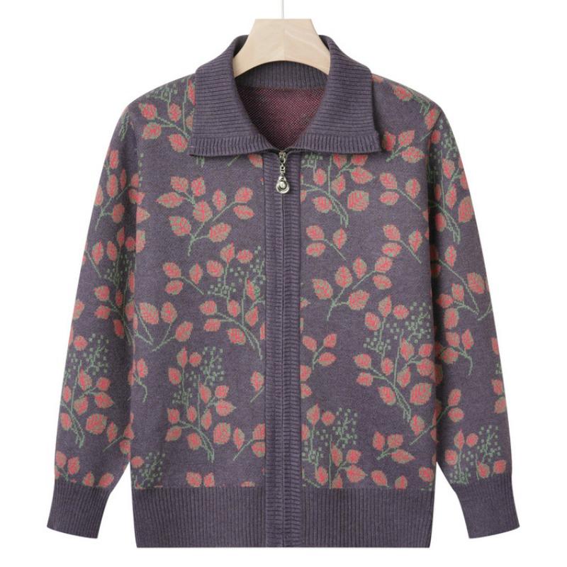 

Вязаный свитер для женщин среднего и пожилого возраста, весенне-осеннее пальто для мамы, свитер для бабушки, кардиган с лацканами, топ, повседневная одежда для пожилых 5XL (recommended 160-87.5 kg) фиолетовый