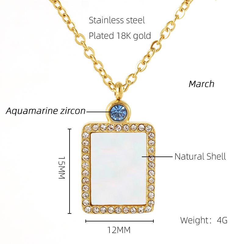 18K Titanium Steel Birthstone Pendant Necklace with Square Shell Design for Women