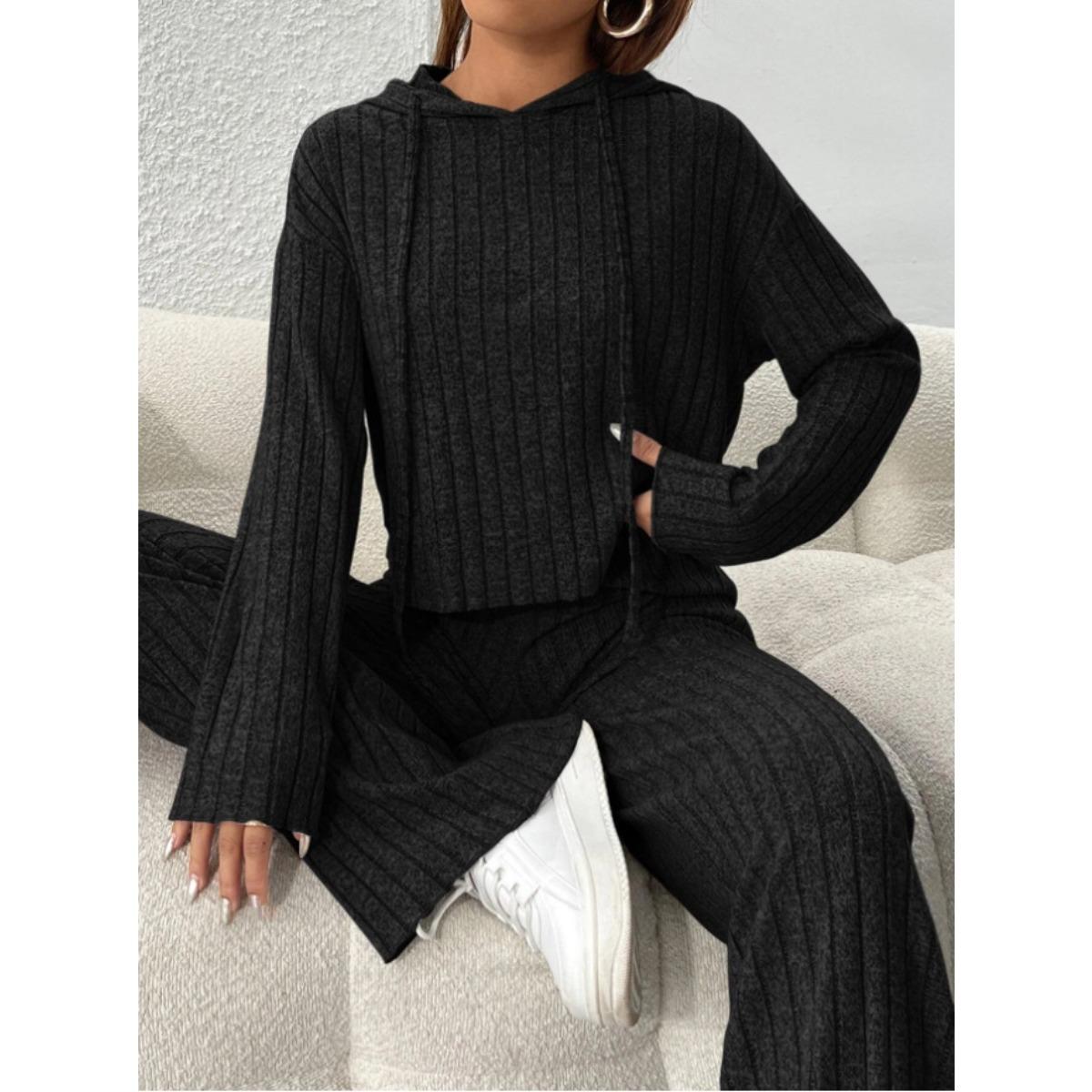 

Повседневный вязаный комплект с длинными рукавами для осени и зимы, женская толстовка с капюшоном, свободные брюки, комплект из двух предметов M чёрный