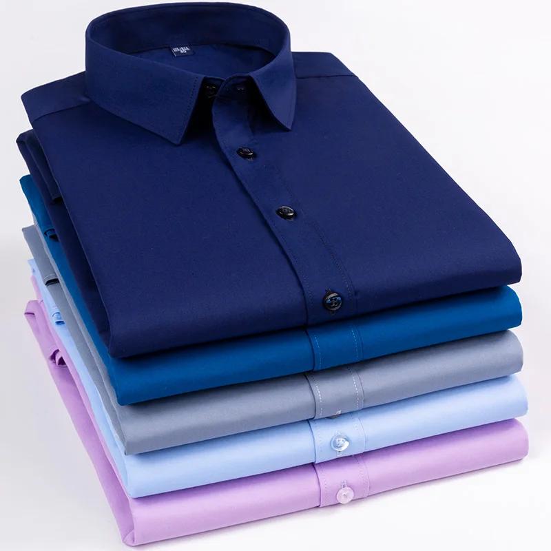 Plus size 8XL elastic long-sleeve shirts for men slim fit formal plain shirt wrinkle free soft office tops solid color clothes